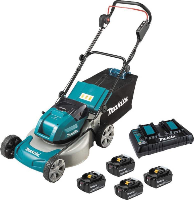 mak-dlm460pt4-makita-dlm460pt4-twin-18v-46cm-rotary-mower-kit-01.jpg Makita DLM460PT4 Twin 18V 46cm Rotary Mower Kit - Image 1