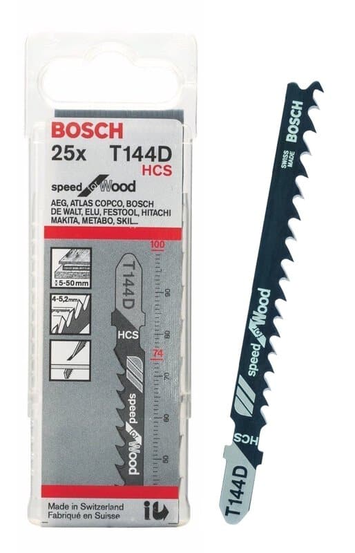 bos-2-609-256-718-bosch-t144d-100mm-hcs-jigsaw-blades-for-softwood-and-chipboa-01.jpg Bosch T144D 100mm HCS Jigsaw Blades for Softwood & Chipboard - Pack of 25 - Image 1