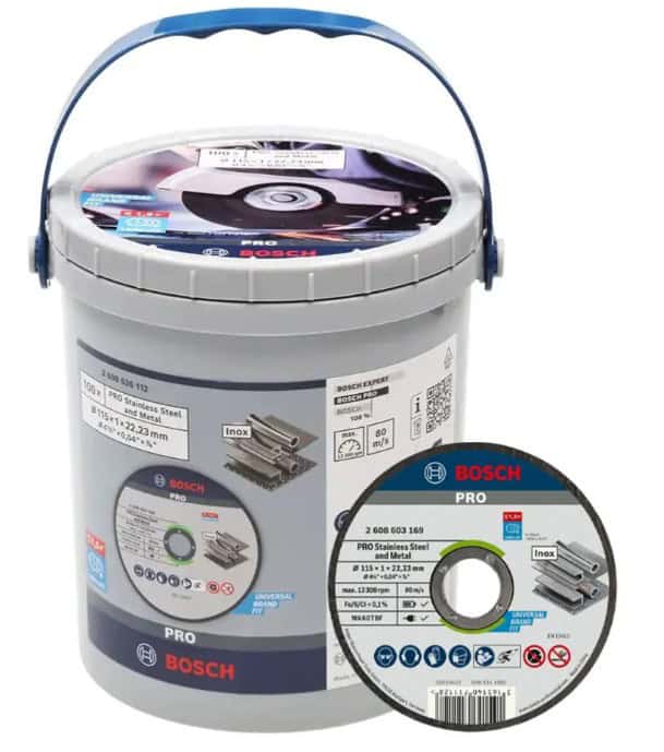bos-2608626112-bosch-2-608-626-112-115mm-x-1mm-x-22-23mm-inox-cutting-disc-01.jpg Bosch 2.608.626.112 115mm x 1mm x 22.23mm Inox Cutting Disc - Pack of 100 - Image 1