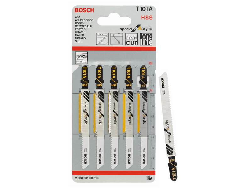 bos-2608631010-bosch-t101a-100mm-hss-jigsaw-blades-pack-of-5-01.jpg Bosch T101A 100mm HSS Jigsaw Blades - Pack of 5 - Image 1