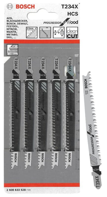 bos-2608633528-bosch-t234x-117mm-hcs-wood-jigsaw-blades-pack-of-5-01.jpg Bosch T234X 117mm HCS Wood Jigsaw Blades - Pack of 5 - Image 1