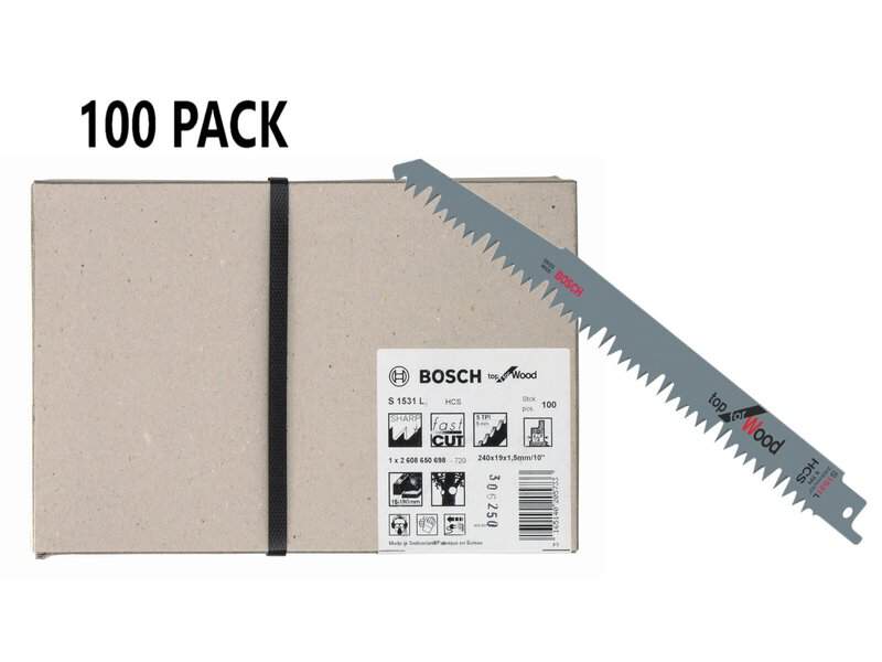 bos-2608650698-bosch-s1531l-240mm-5tpi-reciprocating-saw-blades-pack-of-100-01.jpg Bosch S1531L 240mm 5TPI Reciprocating Saw Blades - Pack of 100 - Image 1