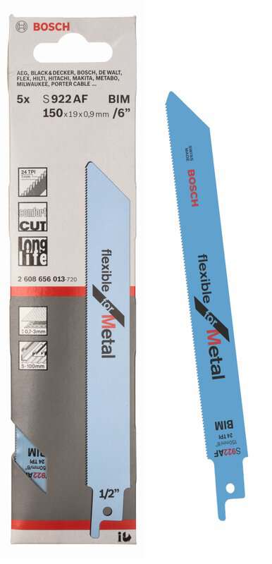 bos-2608656013-bosch-s922af-150mm-24tpi-metal-reciprocating-saw-blades-pack-01.jpg Bosch S922AF 150mm 24TPI Metal Reciprocating Saw Blades - Pack of 5 - Image 1