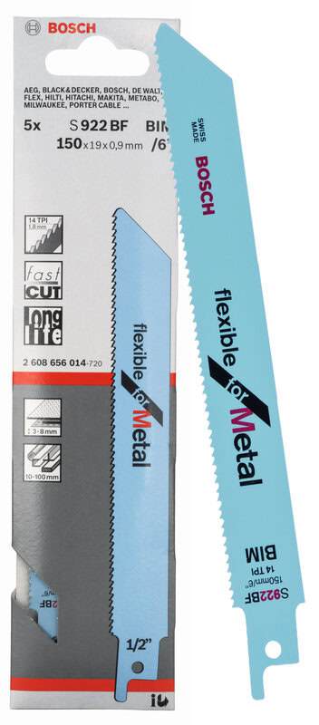 bos-2608656014-bosch-s922bf-150mm-14tpi-reciprocating-saw-blades-pack-of-5-01.jpg Bosch S922BF 150mm 14TPI Reciprocating Saw Blades - Pack of 5 - Image 1