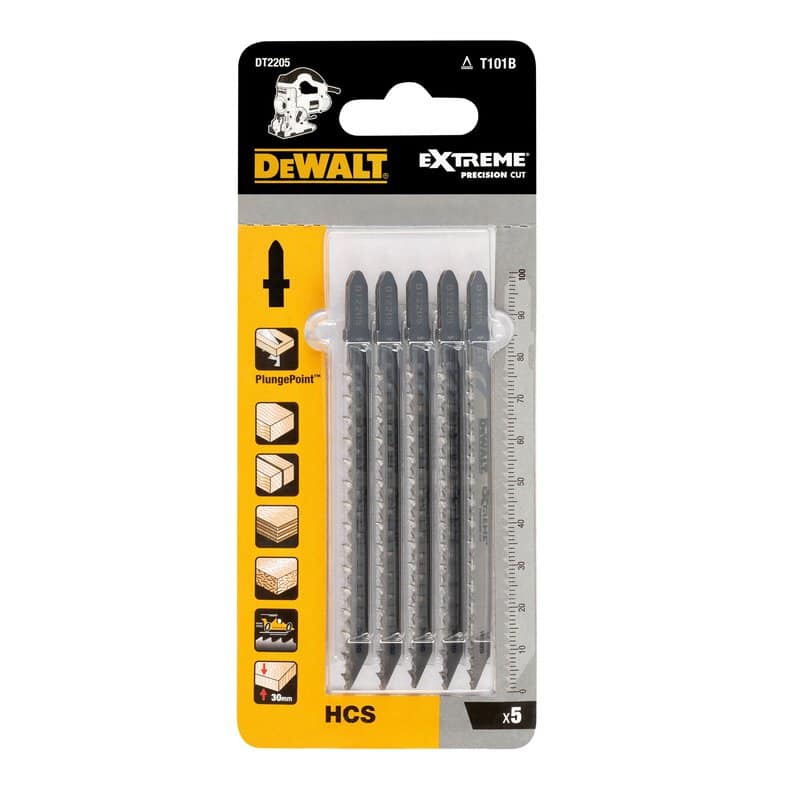 dew-dt2205-qz-dewalt-dt2205-qz-100mm-hcs-wood-jigsaw-blades-pack-of-5-01.jpg DeWalt DT2205-QZ 100mm HCS Wood Jigsaw Blades - Pack of 5 - Image 1