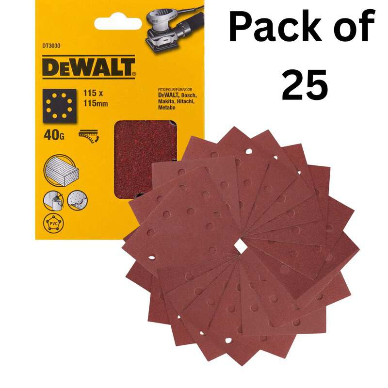 dew-dt3030-qz-dewalt-dt3030-qz-115mm-x-115mm-40-grit-quarter-sanding-sheet-01.jpg DeWalt DT3030-QZ 115mm x 115mm 40 Grit Quarter Sanding Sheets - Pack of 25 - Image 1