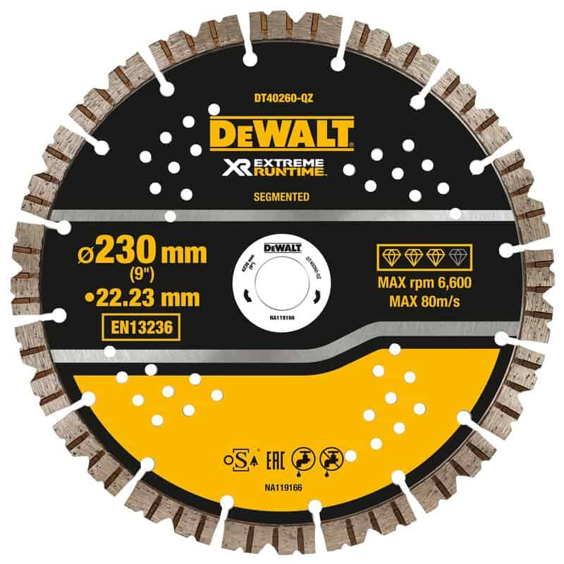 dew-dt40260-qz-dewalt-dt40260-qz-230mm-x-22-23mm-diamond-blade-01.jpg DeWalt DT40260-QZ 230mm x 22.23mm Diamond Blade - Image 1