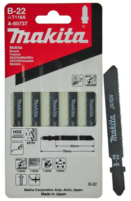 mak-a-85737-makita-a-85737-76mm-hss-metal-jigsaw-blades-pack-of-5-01.jpg Makita A-85737 76mm HSS Metal Jigsaw Blades - Pack of 5 - Image 1