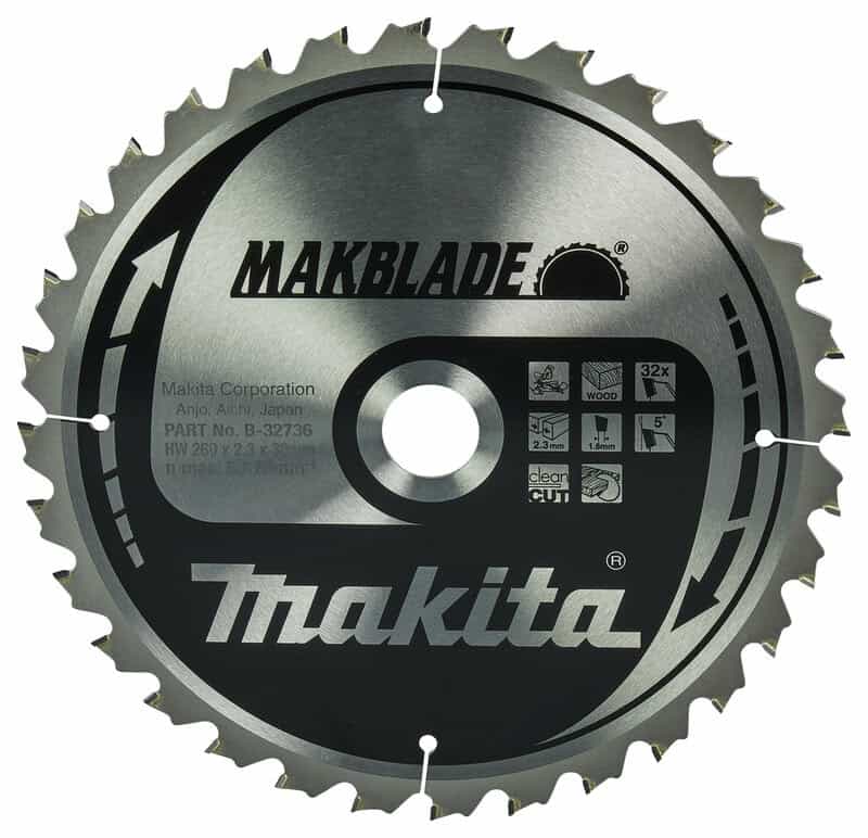 mak-b-32736-makita-b-32736-260mm-x-30mm-32t-wood-saw-blade-01.jpg Makita B-32736 260mm x 30mm 32T Wood Saw Blade - Image 1