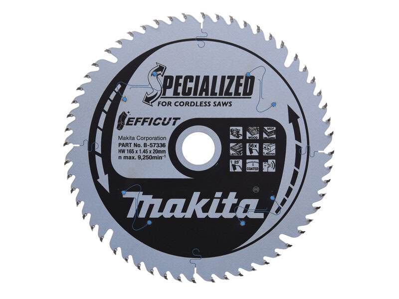 mak-b-57336-makita-b-57336-efficut-165mm-x-20mm-x-56t-tct-circular-saw-b-01.jpg Makita B-57336 Efficut 165mm x 20mm x 56T TCT Circular Saw Blade for Wood - Image 1