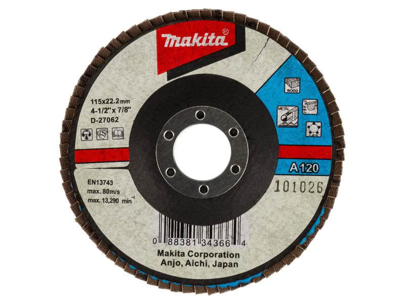 mak-d-27062-makita-d-27062-115mm-120-grit-flap-disc-01.jpg Makita D-27062 115mm 120 Grit Flap Disc - Image 1