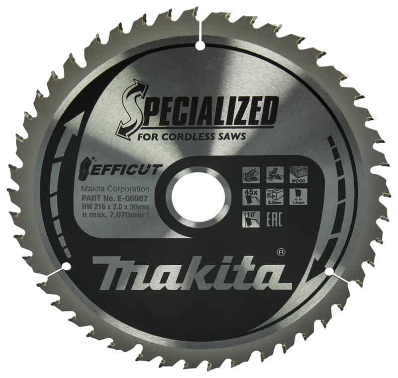 mak-e-06987-makita-e-06987-efficut-216mm-x-30mm-45t-tct-wood-saw-blade-01.jpg Makita E-06987 Efficut 216mm x 30mm 45T TCT Wood Saw Blade - Image 1