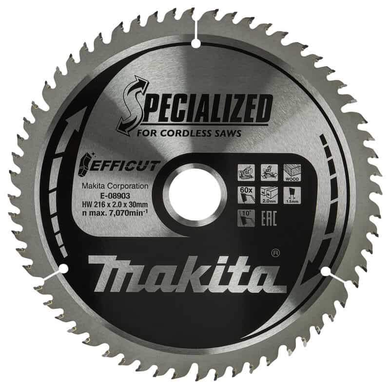 mak-e-08903-makita-e-08903-216mm-x-30mm-x-60t-efficut-tct-wood-saw-blade-01.jpg Makita E-08903 216mm x 30mm x 60T Efficut TCT Wood Saw Blade - Image 1